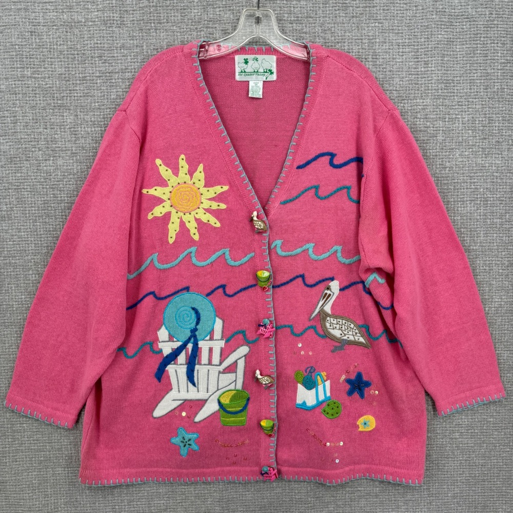Vintage The Quacker Factory Cardigan Women 2X Pink Beach Embroidered Boho